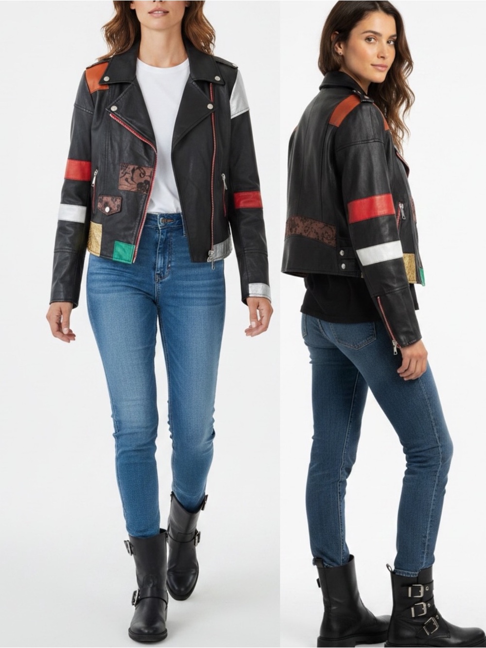TENAX Italy Patchwork Genuine Leather Moto Jacket Metallic Colorblock Size 10